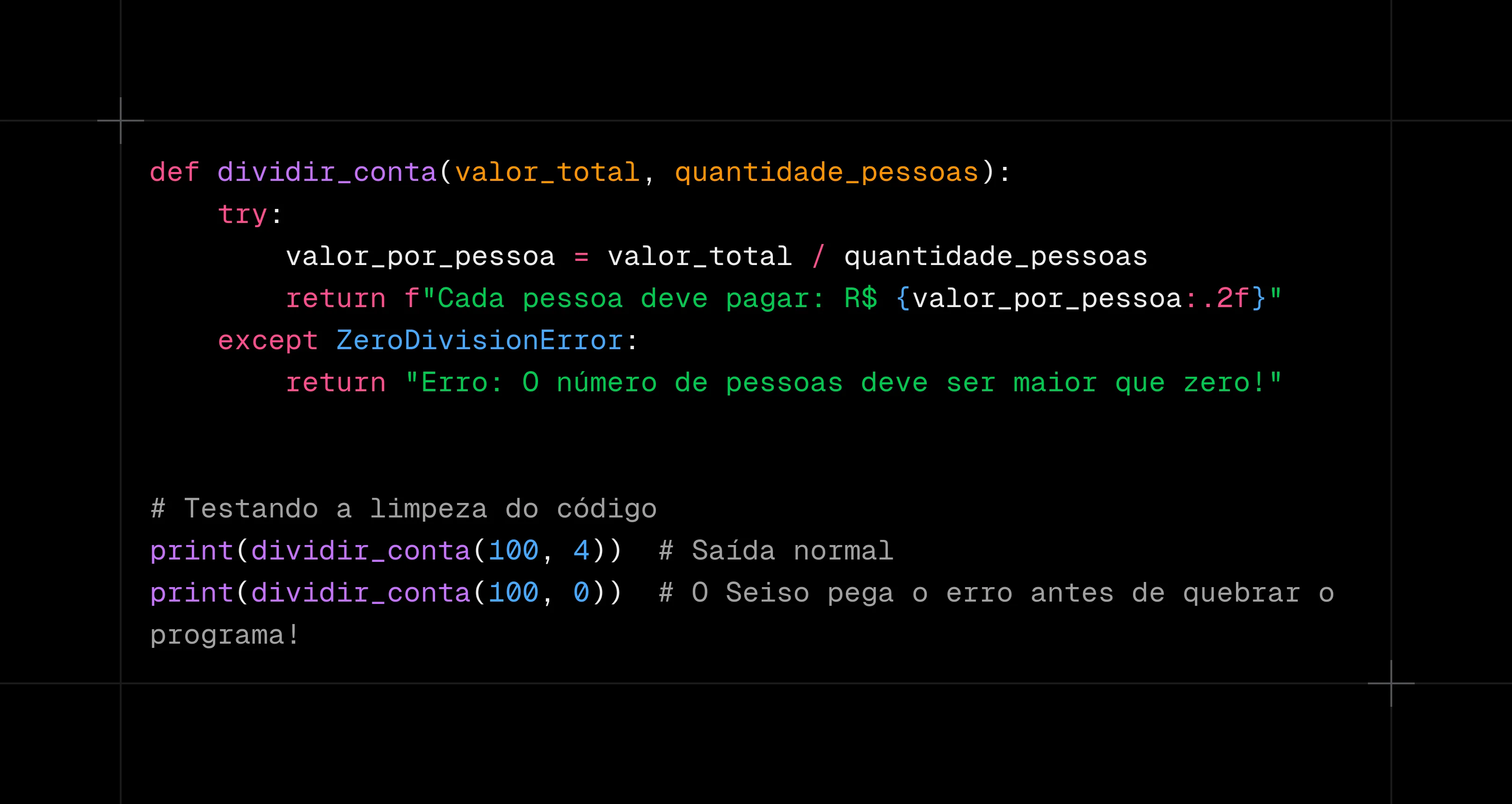 Exemplo de tratamento de erros em Python usando try e except para evitar falhas no programa.