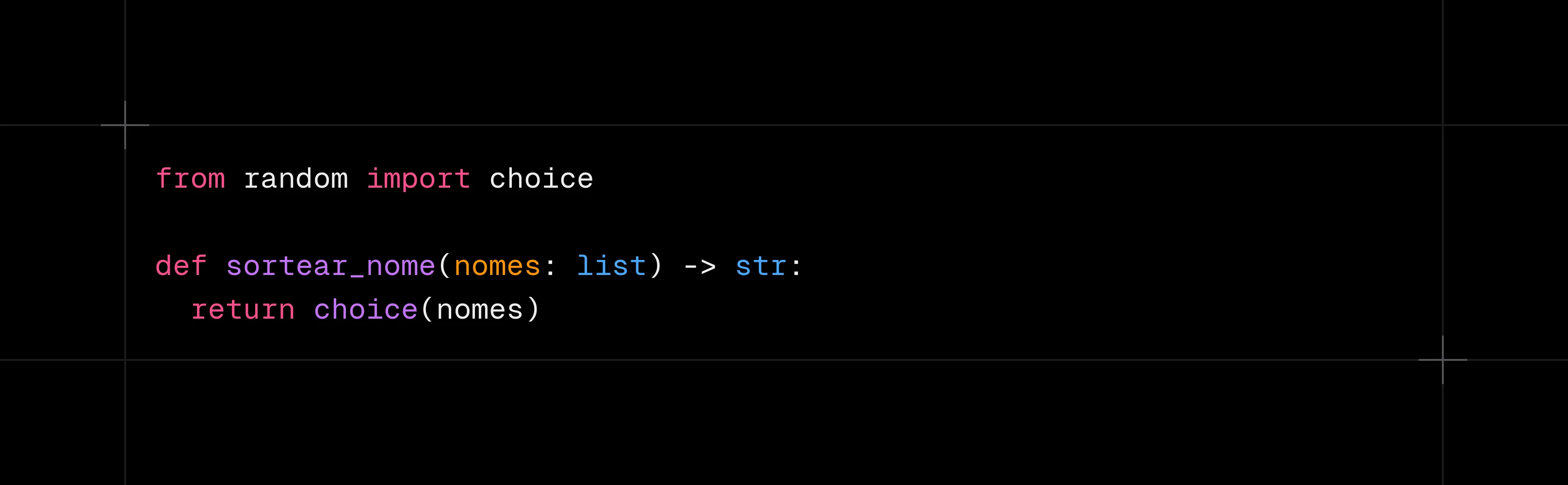 Exemplo de código Python demonstrando Seiton com a função sortear_nome e tipagem de dados clara.
