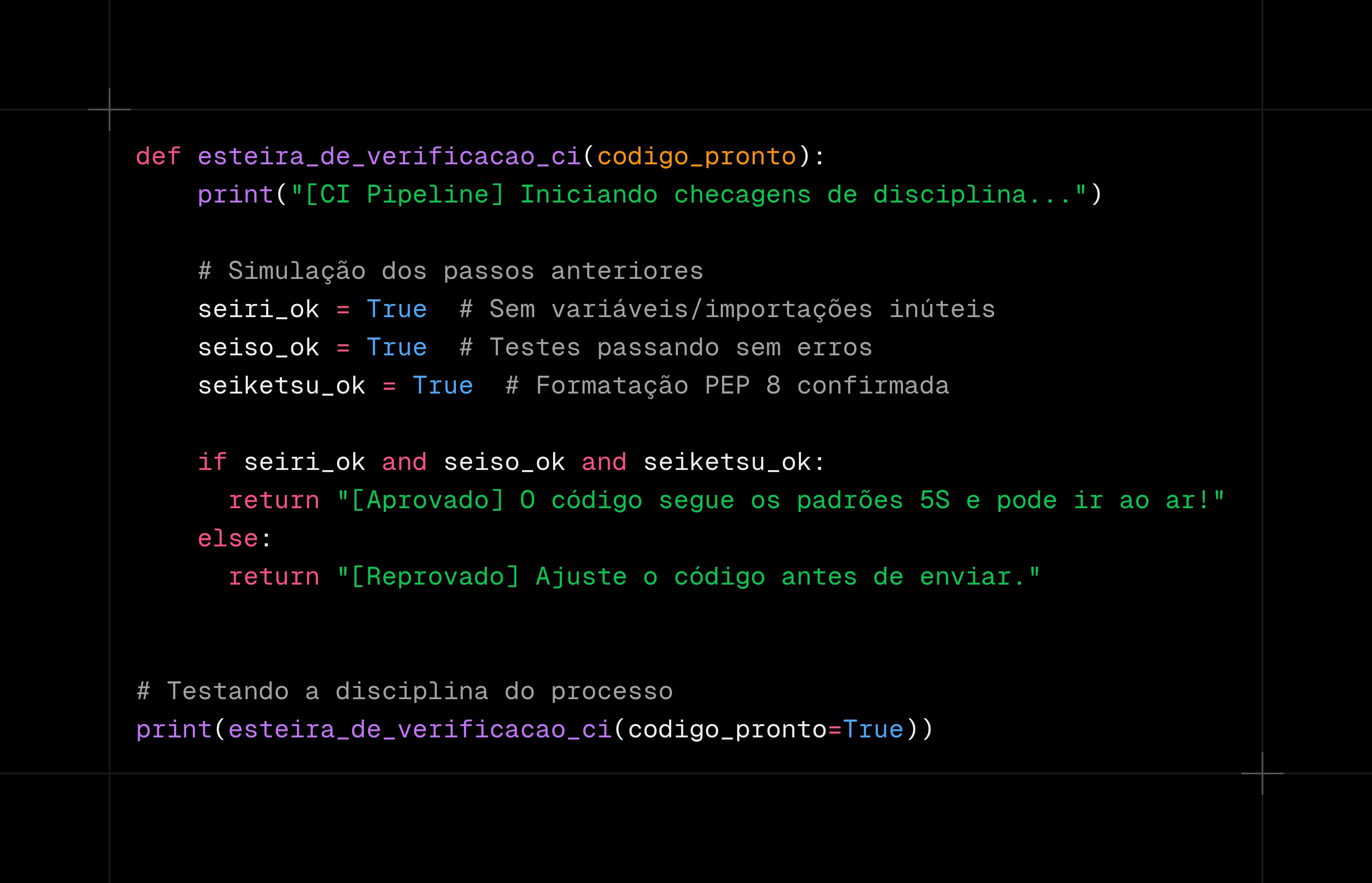 Exemplo de função Python simulando uma esteira de verificação CI para validar os padrões do 5S.